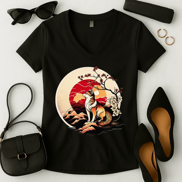 Japanese Shiba Inu Dog Sunset - Ukiyo-e Style Women's V-Neck T-Shirt