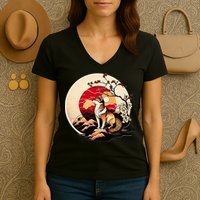 Japanese Shiba Inu Dog Sunset - Ukiyo-e Style Women's V-Neck T-Shirt