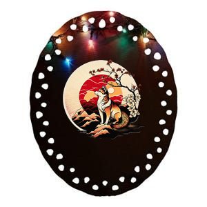 Japanese Shiba Inu Dog Sunset - Ukiyo-e Style Ceramic Oval Ornament