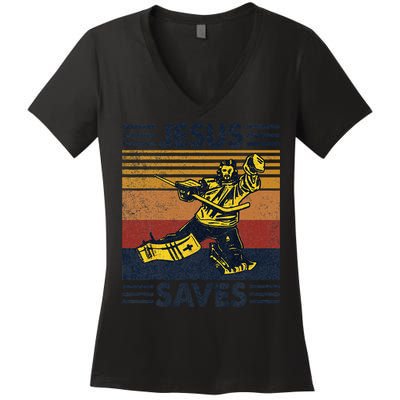 Jesus Saves Ice Hockey Goalie Sport Religious Christian Gift Women's V-Neck T-Shirt