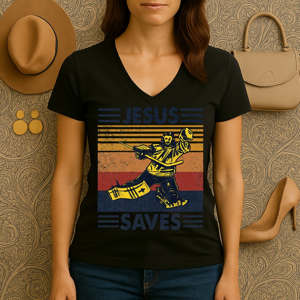 Jesus Saves Ice Hockey Goalie Sport Religious Christian Gift Women's V-Neck T-Shirt