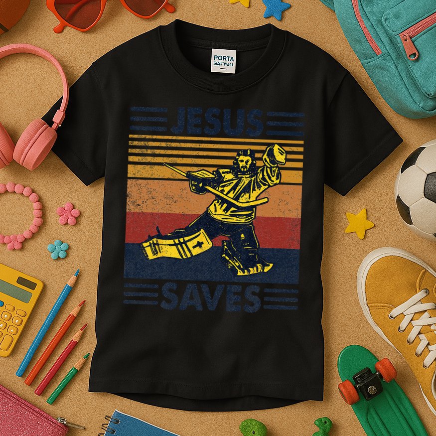 Jesus Saves Ice Hockey Goalie Sport Religious Christian Gift Kids T-Shirt