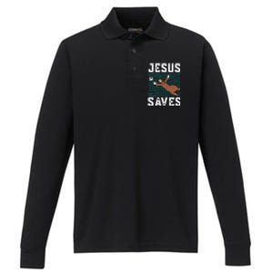 Jesus Saves I Christian Faith I Jesus Soccer Goalkeeper Funny Gift Performance Long Sleeve Polo