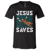 Jesus Saves I Christian Faith I Jesus Soccer Goalkeeper Funny Gift V-Neck T-Shirt