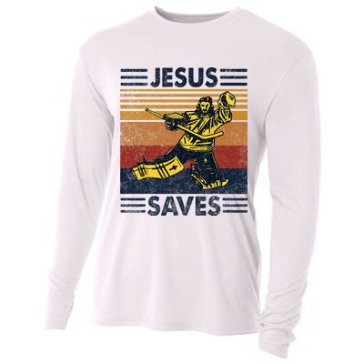 Jesus Saves Ice Hockey Goalie Sport Religious Christian Gift Cooling Performance Long Sleeve Crew