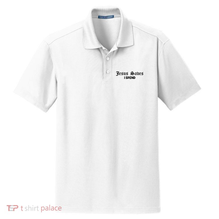 Jesus Saves I Spend Dry Zone Grid Polo