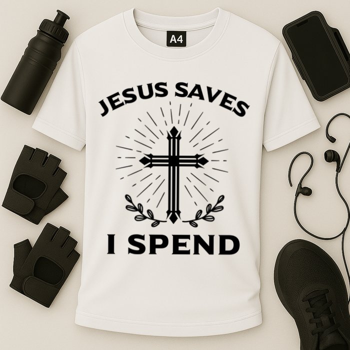 Jesus Saves I Spend Cooling Performance Crew T-Shirt