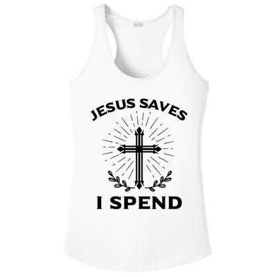 Jesus Saves I Spend Ladies PosiCharge Competitor Racerback Tank