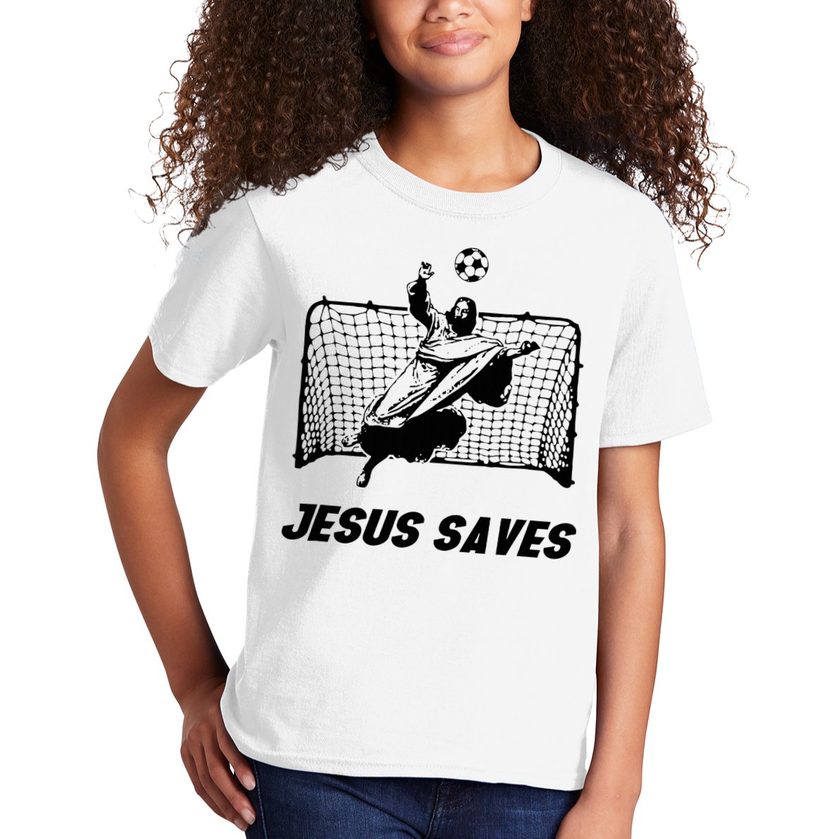 Jesus Saves Jesus Saved Soccer Goal Goalie Kids T-Shirt