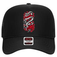 Japanese Snake Kanji Red Black White Animal Tattoo Art High Crown Mesh Back Trucker Hat