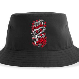 Japanese Snake Kanji Red Black White Animal Tattoo Art Sustainable Bucket Hat