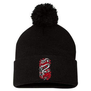 Japanese Snake Kanji Red Black White Animal Tattoo Art Pom Pom 12in Knit Beanie