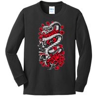 Japanese Snake Kanji Red Black White Animal Tattoo Art Kids Long Sleeve Shirt