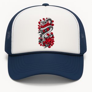 Japanese Snake Kanji Red Black White Animal Tattoo Art Trucker Hat