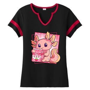 Japanese Style Kawaii Axolotl Strawberry Milk Anime Ladies Halftime Notch Neck Tee