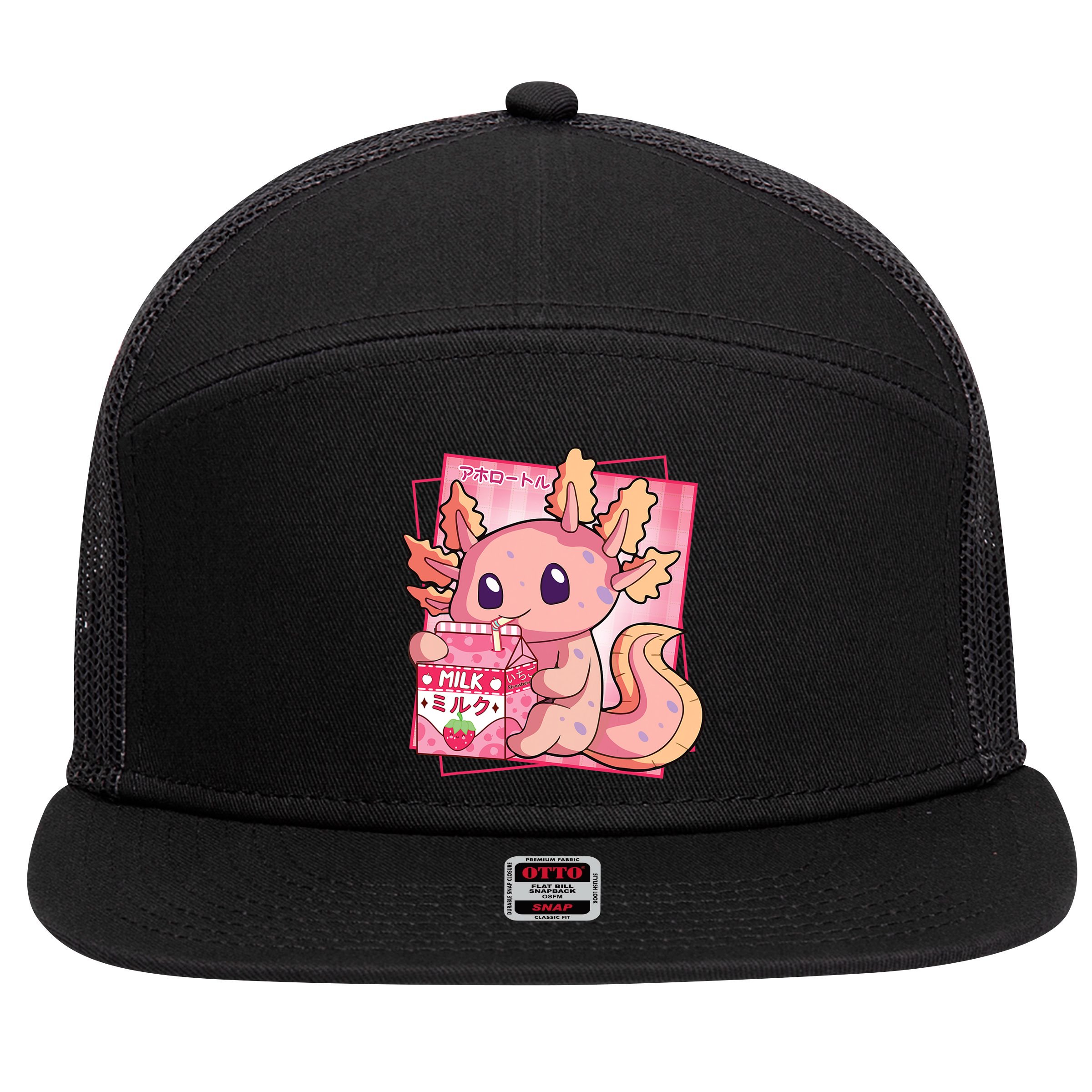 Japanese Style Kawaii Axolotl Strawberry Milk Anime 7 Panel Mesh Trucker Snapback Hat