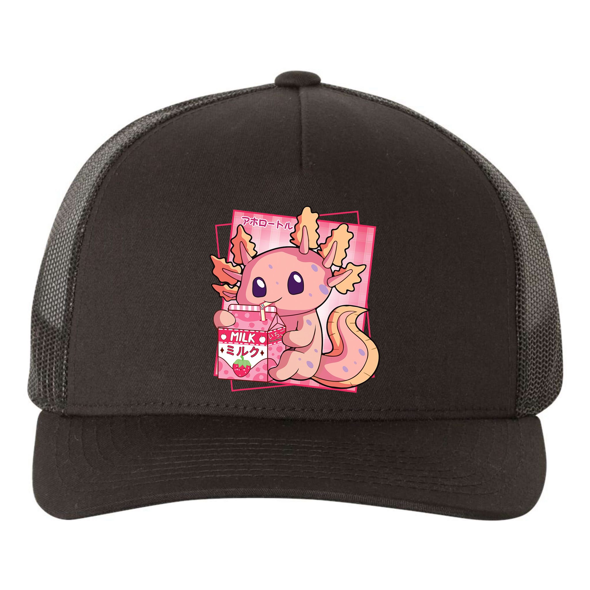 Japanese Style Kawaii Axolotl Strawberry Milk Anime Yupoong Adult 5-Panel Trucker Hat