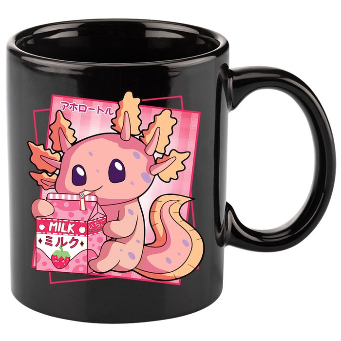 Japanese Style Kawaii Axolotl Strawberry Milk Anime 11oz C Handle Ceramic Mug
