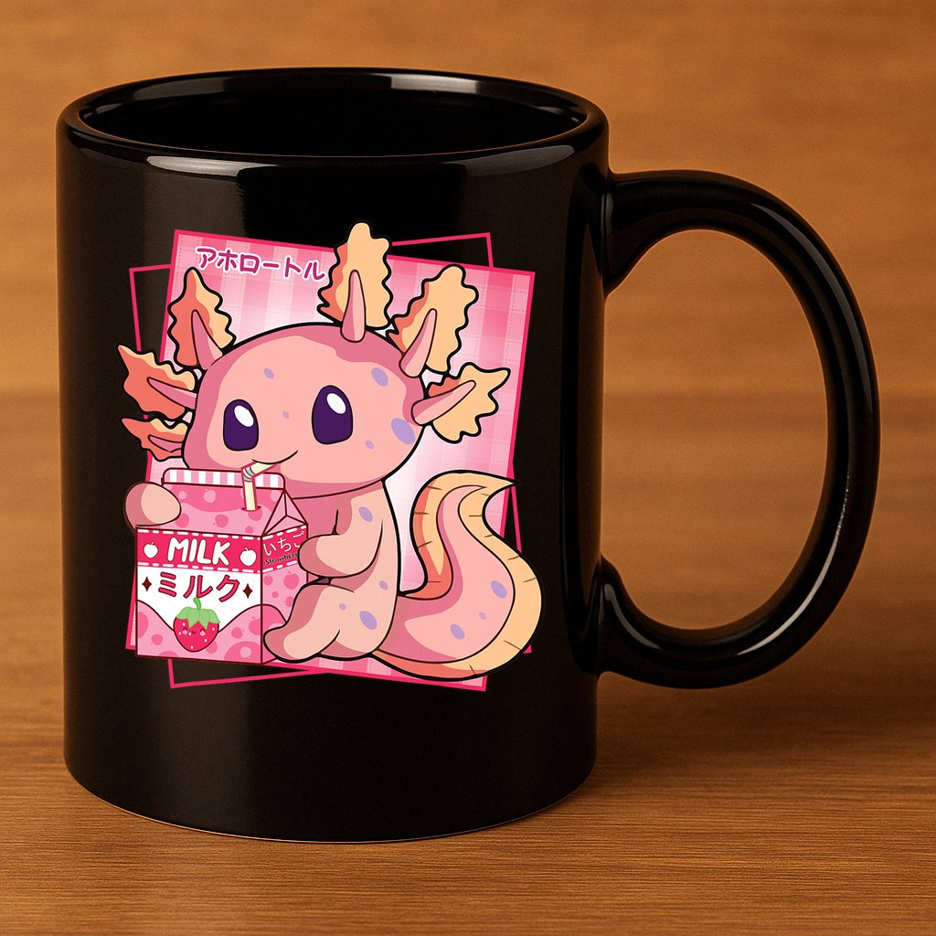 Japanese Style Kawaii Axolotl Strawberry Milk Anime 11oz C Handle Ceramic Mug