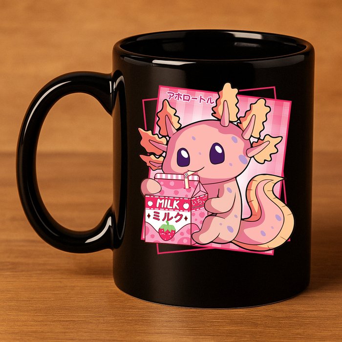Japanese Style Kawaii Axolotl Strawberry Milk Anime 11oz C Handle Ceramic Mug