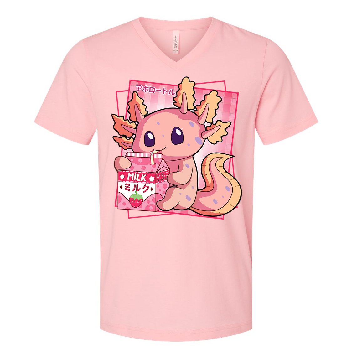 Japanese Style Kawaii Axolotl Strawberry Milk Anime V-Neck T-Shirt