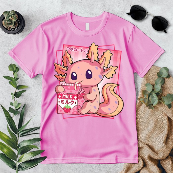 Japanese Style Kawaii Axolotl Strawberry Milk Anime Premium T-Shirt