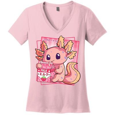 Japanese Style Kawaii Axolotl Strawberry Milk Anime Women's V-Neck T-Shirt