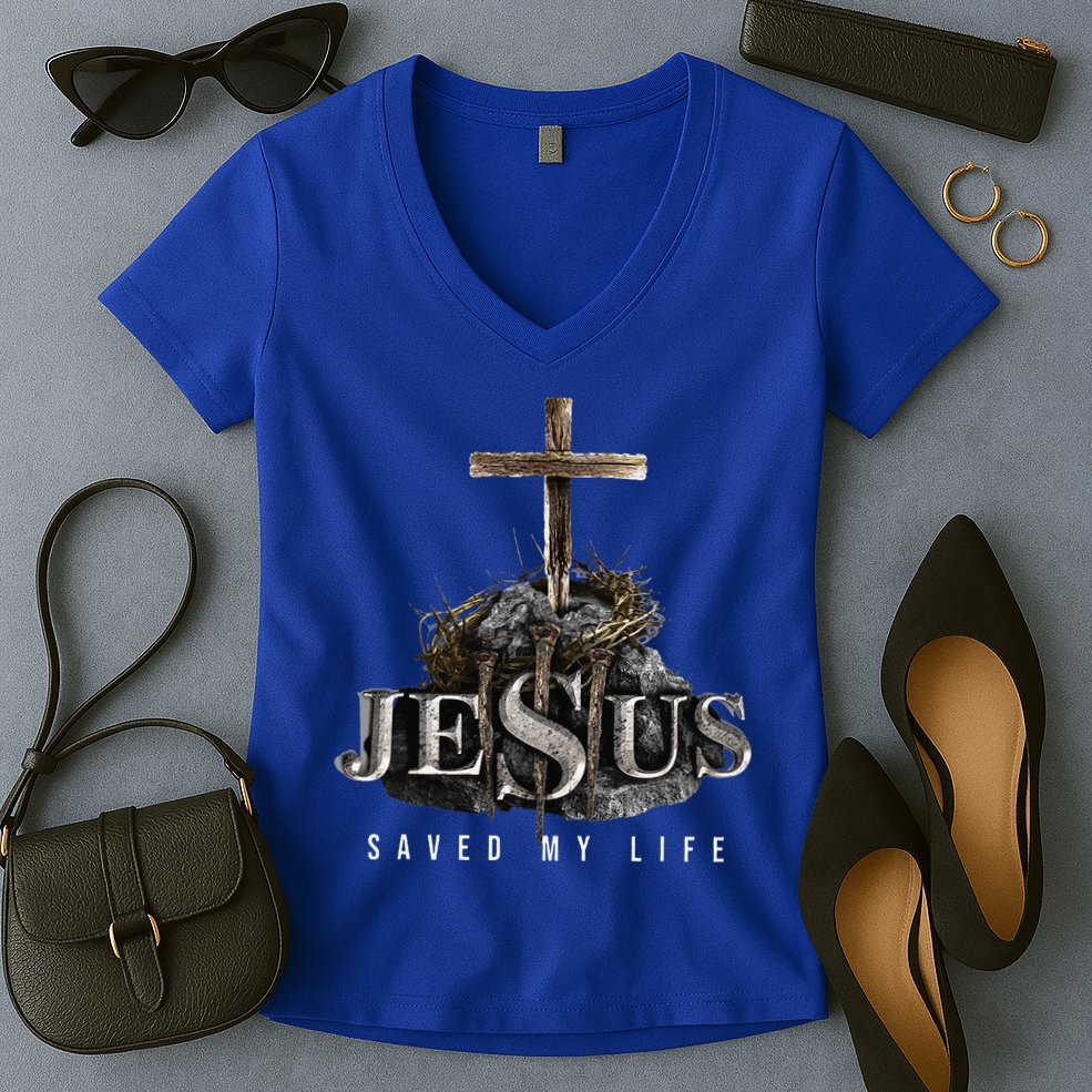 Jesus Saved My Life Christian Religious Bible Church Women's V-Neck T-Shirt