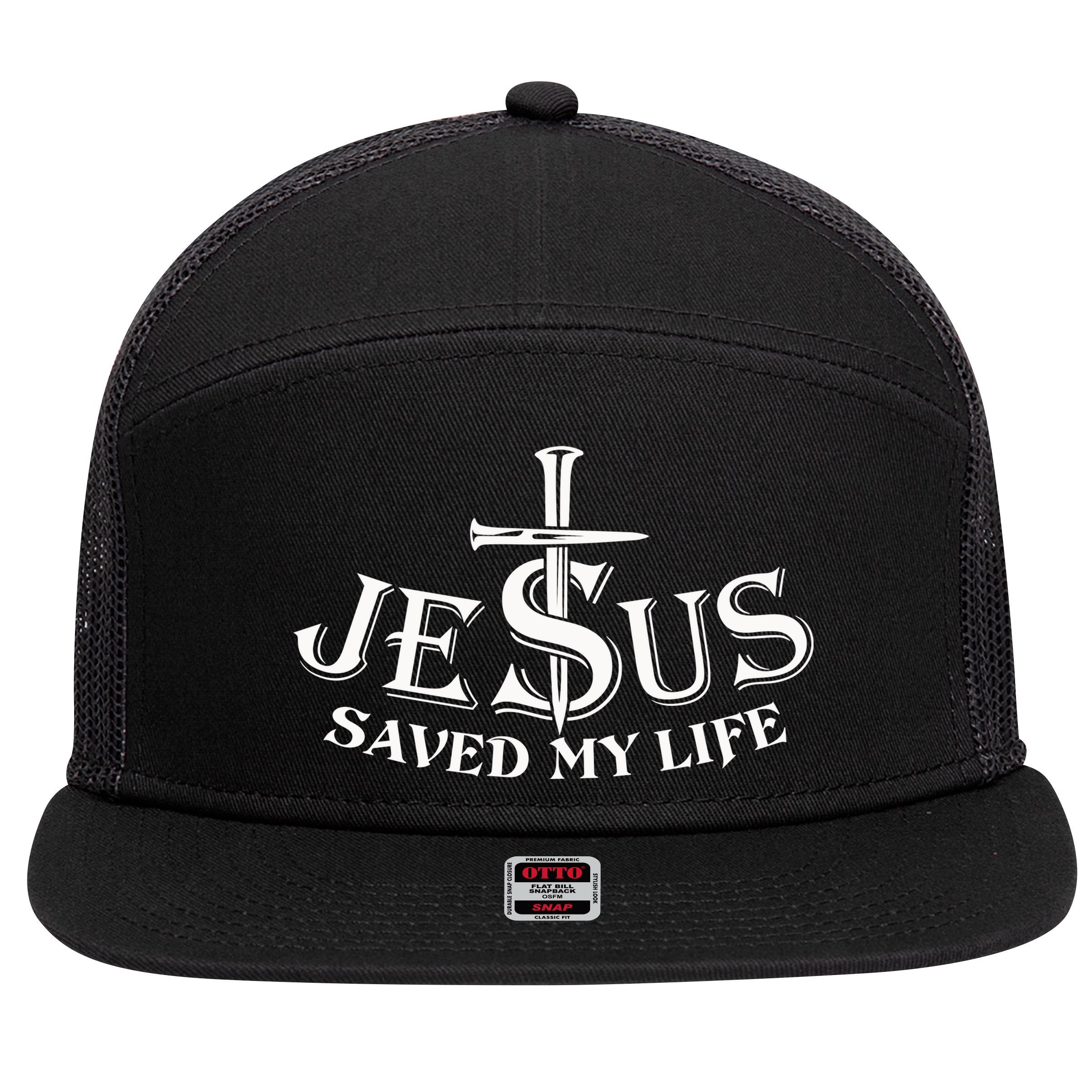 Jesus Saves My Life With Nails 7 Panel Mesh Trucker Snapback Hat