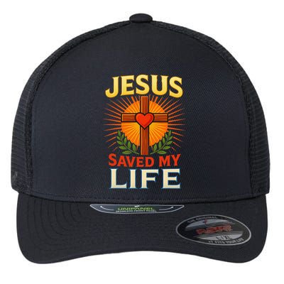 Jesus Saved My Life Cross With Heart Christian Design Flexfit Unipanel Trucker Cap
