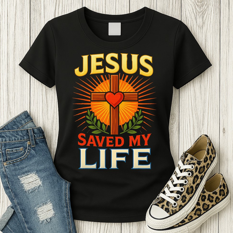 Jesus Saved My Life Cross With Heart Christian Design Womens T-Shirt