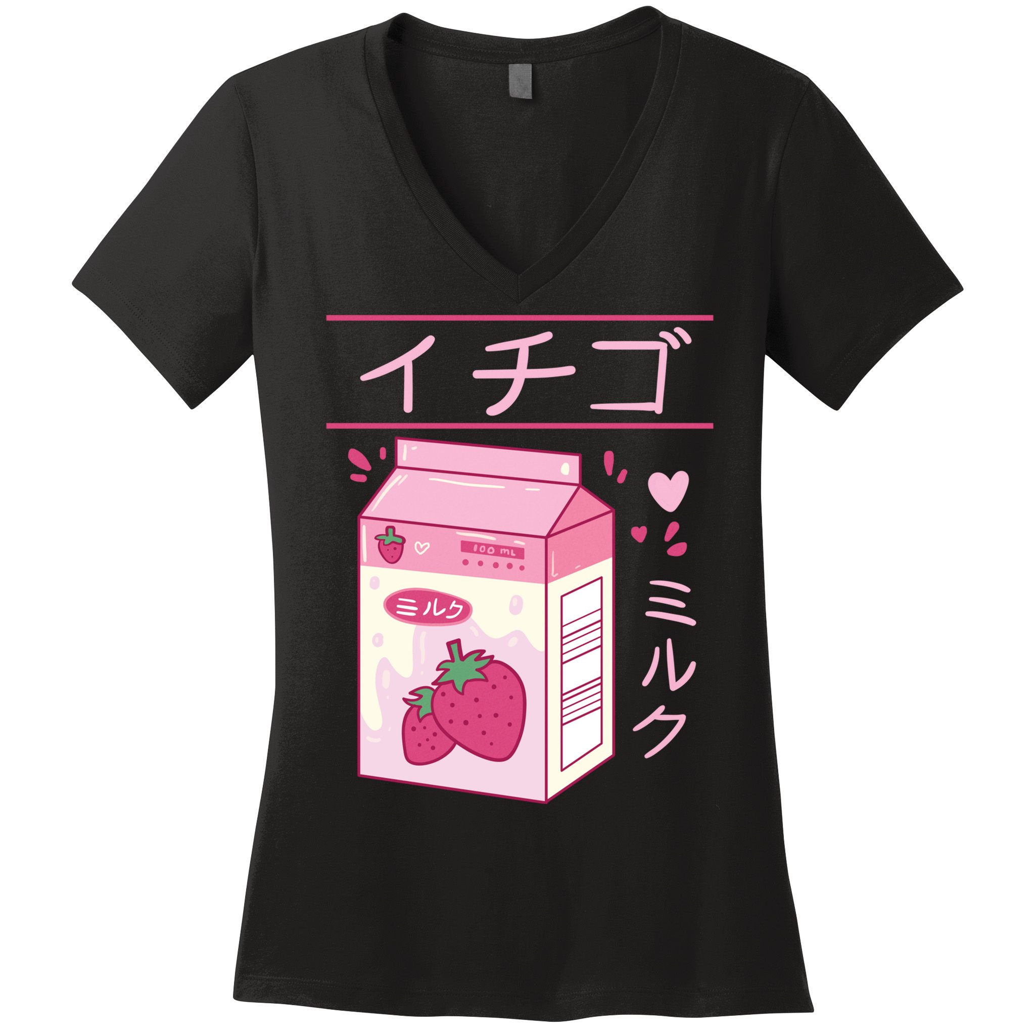 Japanese Strawberry Milk Kawaii Kanji Vaporwave Otaku Gift Women's V-Neck T-Shirt