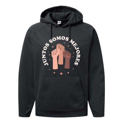 Juntos Somos Mejores Bilingual Spanish Teacher Melanin Performance Fleece Hoodie