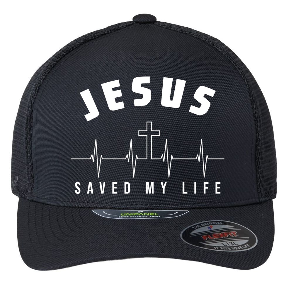 Jesus Saved My Life Cross Heartbeat Flexfit Unipanel Trucker Cap