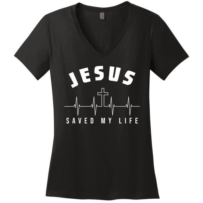 Jesus Saved My Life Cross Heartbeat Women's V-Neck T-Shirt