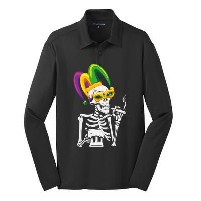 Jester Skeleton Masquerade Party Mardi Gras Bones Mask Cute Gift Silk Touch Performance Long Sleeve Polo