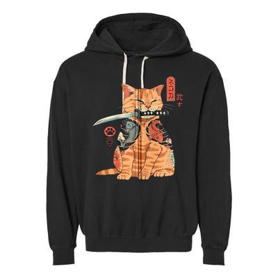 Japanese Samurai Ninja Cat Kawaii Attoo Zip Garment-Dyed Fleece Hoodie