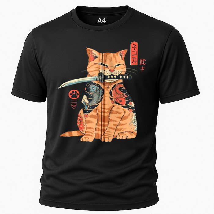 Japanese Samurai Ninja Cat Kawaii Attoo Zip Cooling Performance Crew T-Shirt