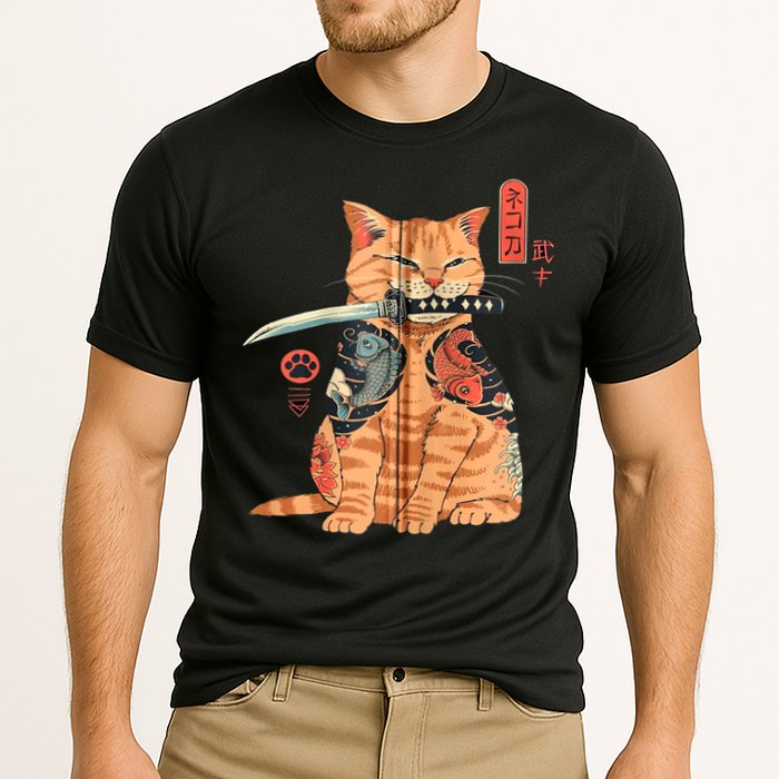 Japanese Samurai Ninja Cat Kawaii Attoo Zip Cooling Performance Crew T-Shirt