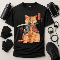 Japanese Samurai Ninja Cat Kawaii Attoo Zip Cooling Performance Crew T-Shirt