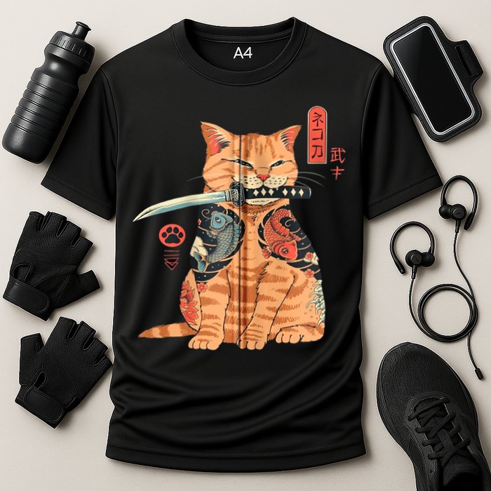 Japanese Samurai Ninja Cat Kawaii Attoo Zip Cooling Performance Crew T-Shirt