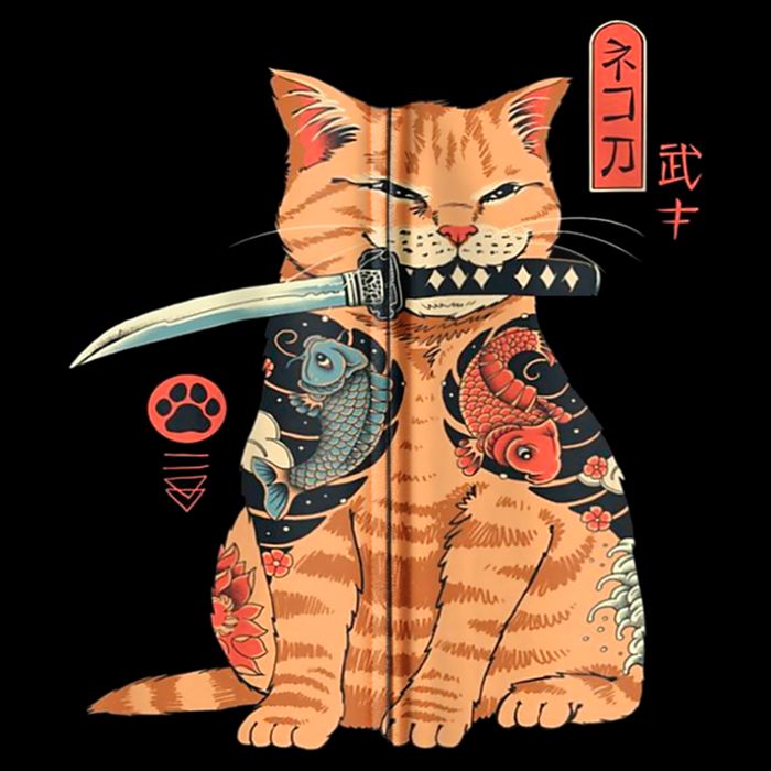 Japanese Samurai Ninja Cat Kawaii Attoo Zip Cooling Performance Crew T-Shirt