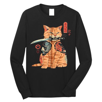Japanese Samurai Ninja Cat Kawaii Attoo Zip Long Sleeve Shirt