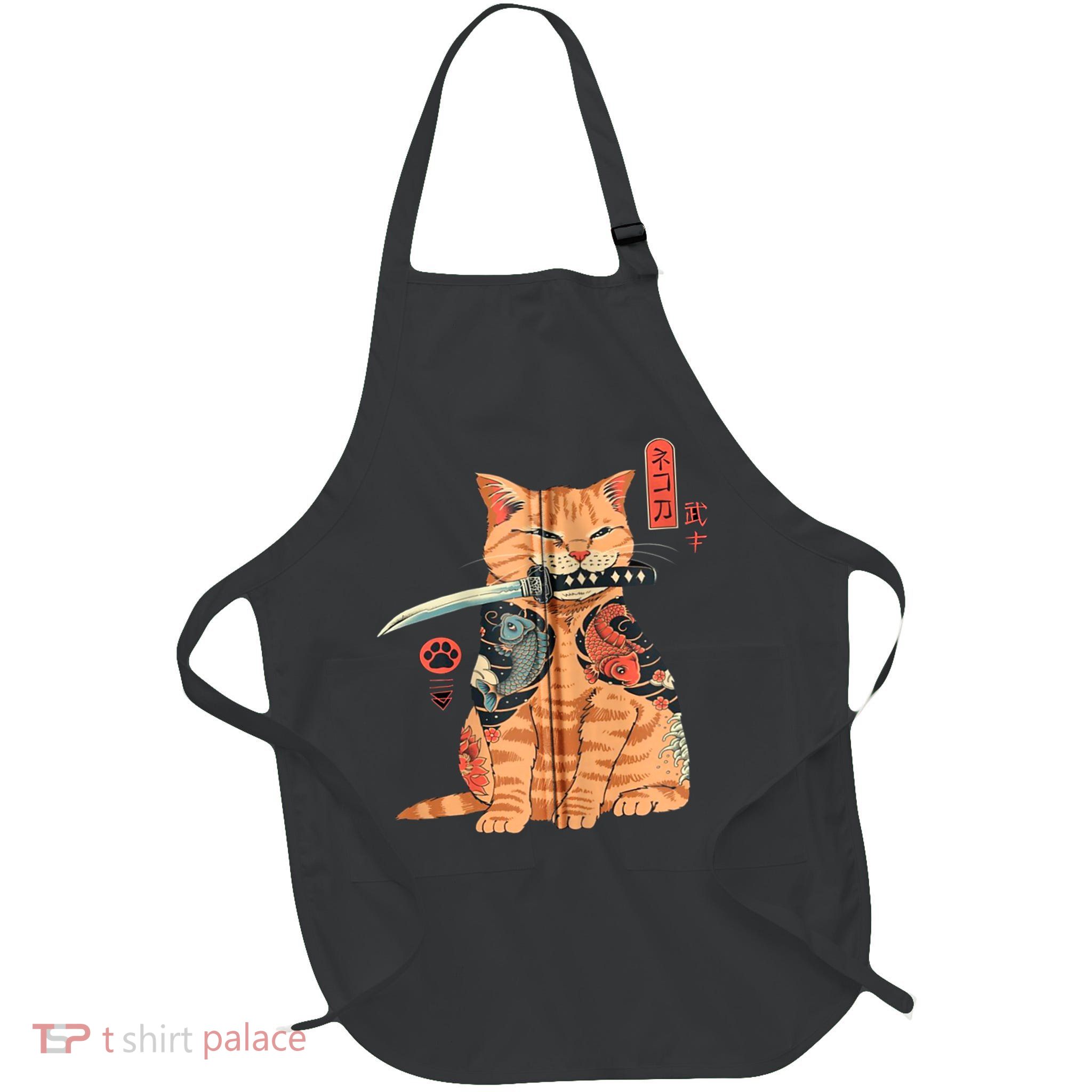 Japanese Samurai Ninja Cat Kawaii Attoo Zip Full-Length Apron With Pockets