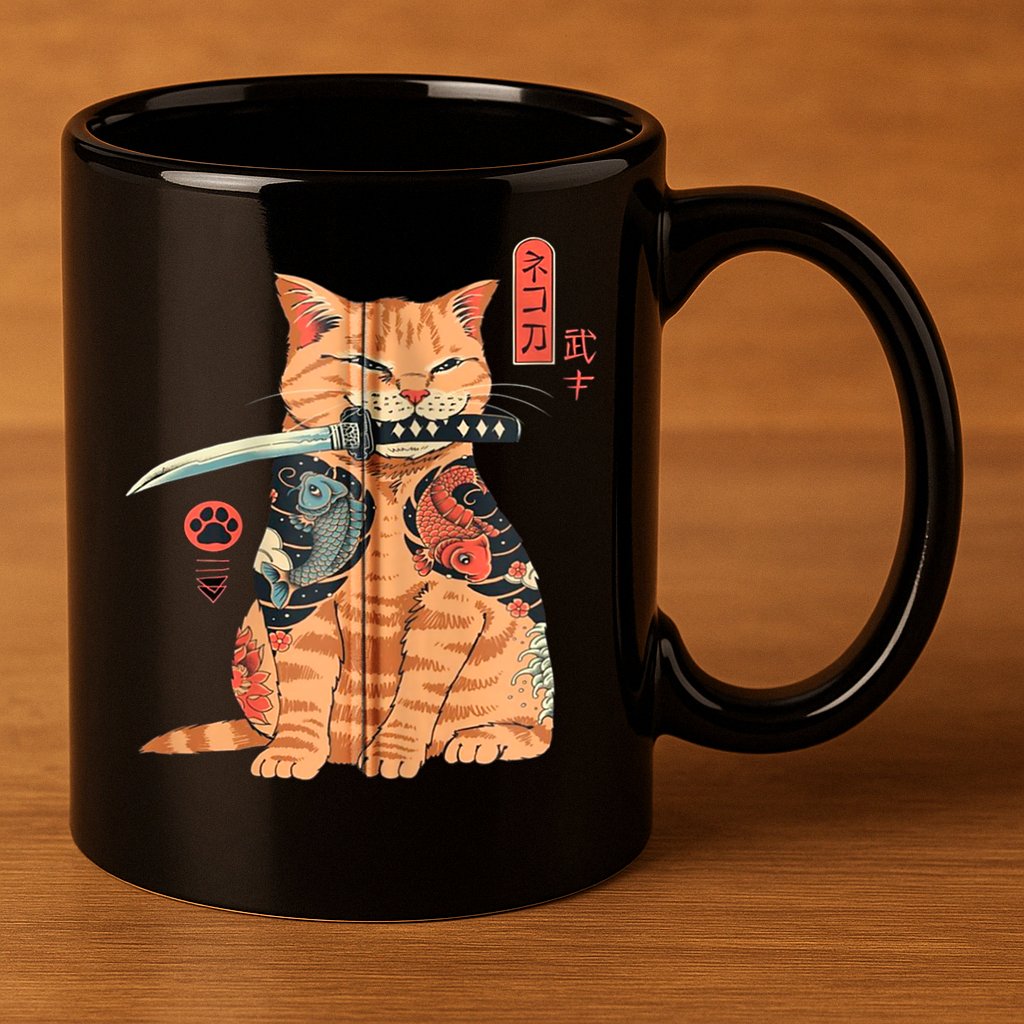 Japanese Samurai Ninja Cat Kawaii Attoo Zip 11oz C Handle Ceramic Mug