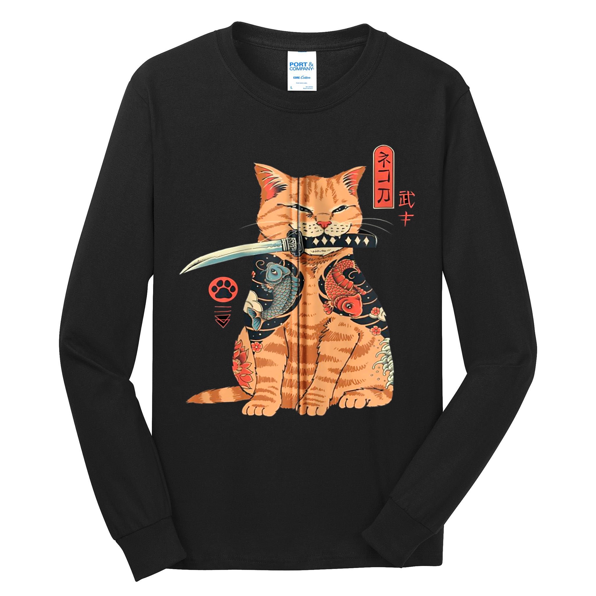 Japanese Samurai Ninja Cat Kawaii Attoo Zip Tall Long Sleeve T-Shirt