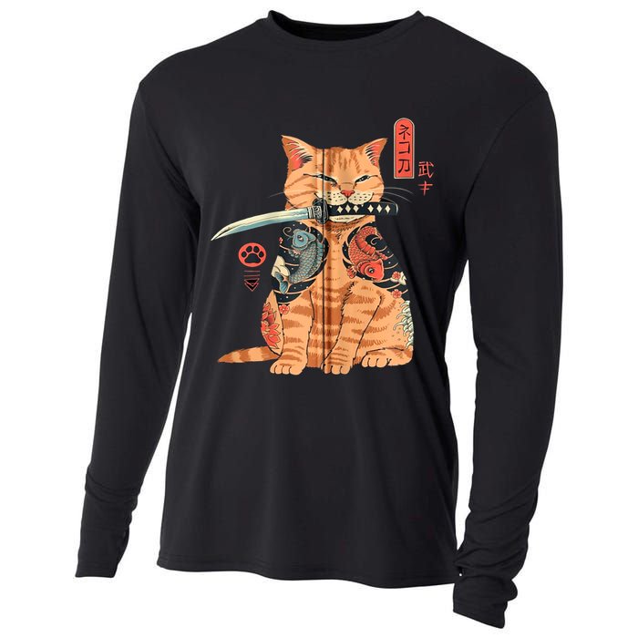 Japanese Samurai Ninja Cat Kawaii Attoo Zip Cooling Performance Long Sleeve Crew