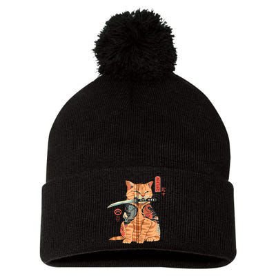 Japanese Samurai Ninja Cat Kawaii Attoo Zip Pom Pom 12in Knit Beanie