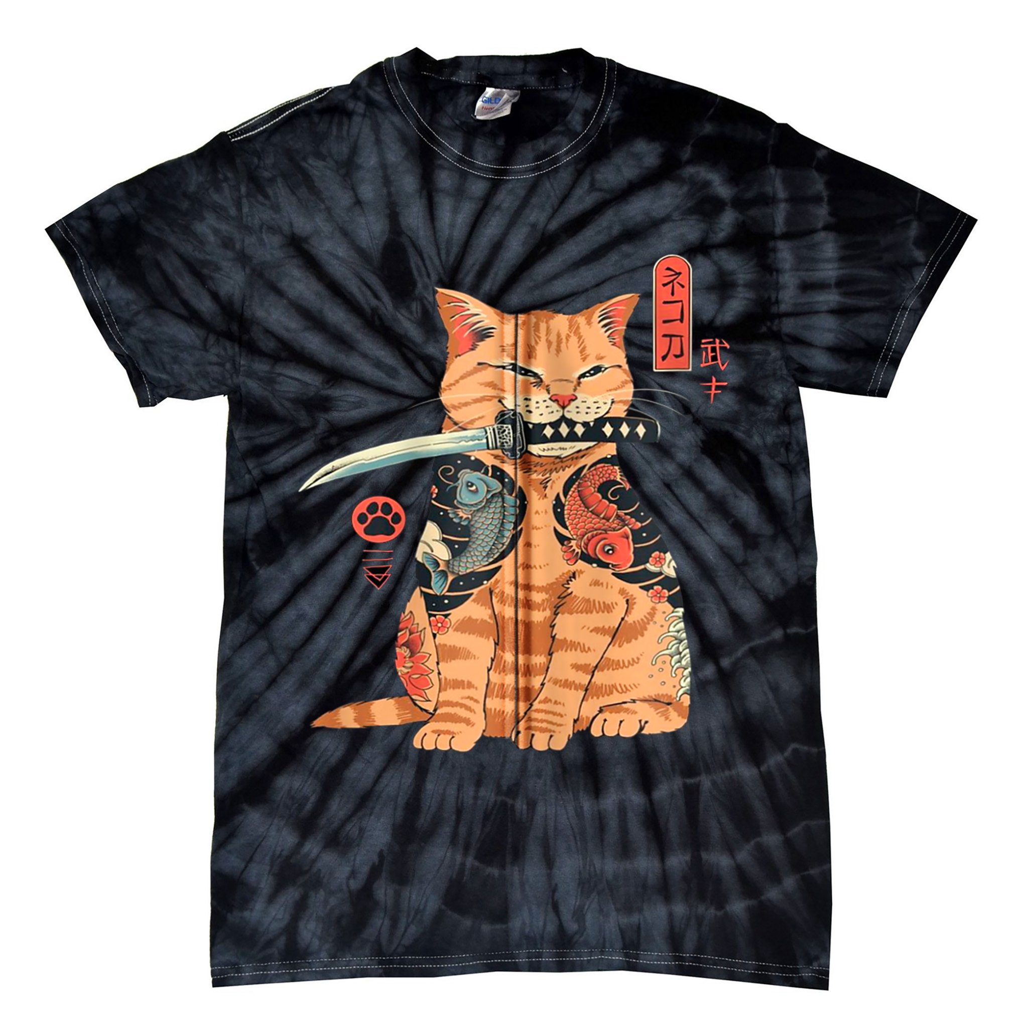 Japanese Samurai Ninja Cat Kawaii Attoo Zip Tie-Dye T-Shirt