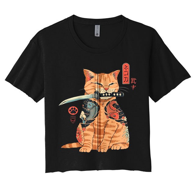 Japanese Samurai Ninja Cat Kawaii Attoo Zip Crop Top
